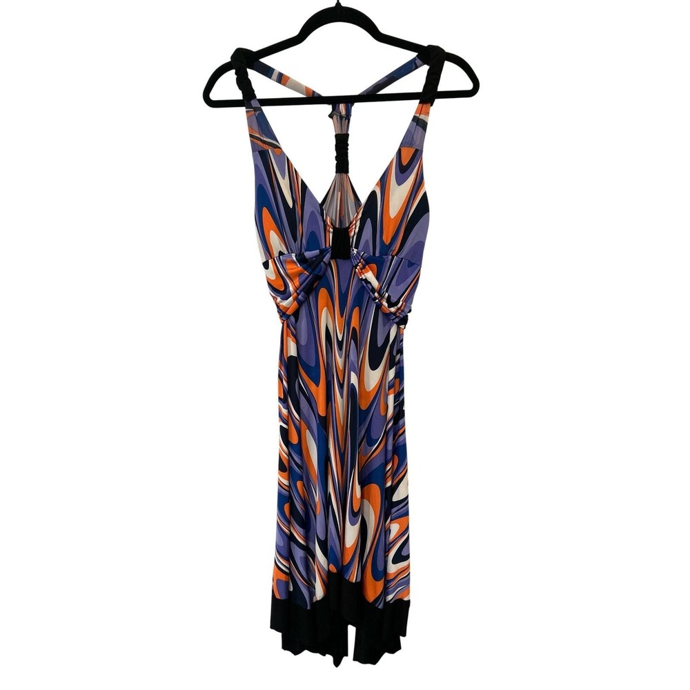Vintage Y2K Statement Psychedelic Swirl Asymmetrical Dress L Empire Waist USA